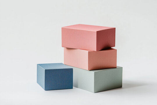 Stack of colourful cardboard gift boxes on palin background.