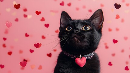 A black cat with bright eyes who looks up against the background of a pink wall dotted with shiny hearts. The cat wears a collar with a heart, a romantic atmosphere