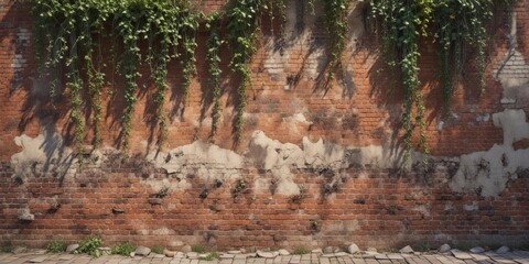 Dirtied brick wall with vines crawling up the sides, abstract, vines, overgrown