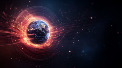 Obraz premium Colorful depiction of Earth surrounded by vibrant cosmic energy and swirling particles in a dark space background