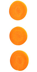 Top view set of beautiful orange carrot slices in circle shape isolated on white background with clipping path