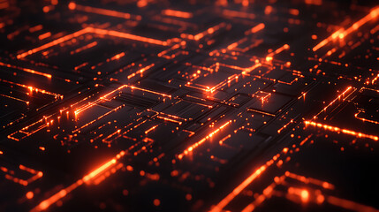 Fototapeta premium Abstract Digital Circuitry: Glowing orange lines illuminate a dark, complex network of pathways, creating a mesmerizing and futuristic abstract image. perfect for technology, innovation.