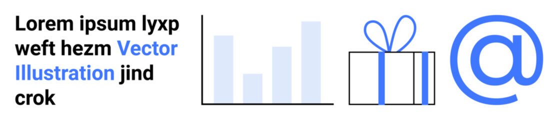 Text block with placeholder text, bar graph, wrapped gift box, and large at sign. Ideal for business reports, marketing, communication, analysis, emails e-commerce social media presentations