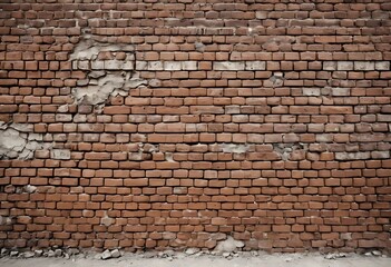 weathered, reddish-brown brick wall with some missing bricks and mortar.