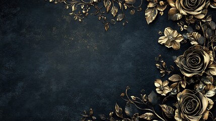 Gold Roses and Leaves on Dark Background