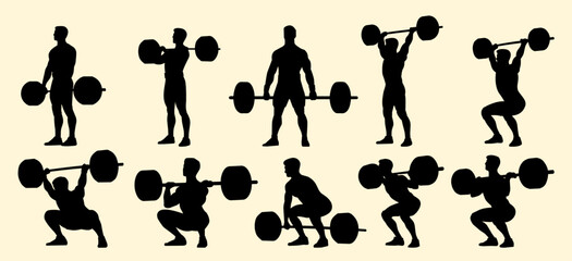 Silhouettes of weightlifters performing barbell exercises, showcasing strength, fitness, and athletic movements.