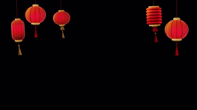 Moving Chinese Red Paper lantern decoration, hanging on top for layout, Seamless Loop Animation on Transparent Background, Lunar New Year, realistic illustration