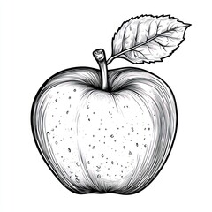 Hand-drawn monochrome illustration of a single apple with leaf.