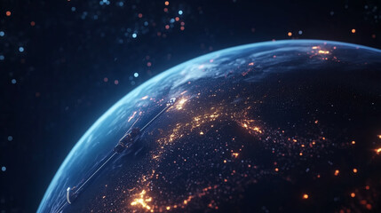 Fototapeta premium View of Earth from space at night showing city lights and satellite in orbit with stars scattered in the background