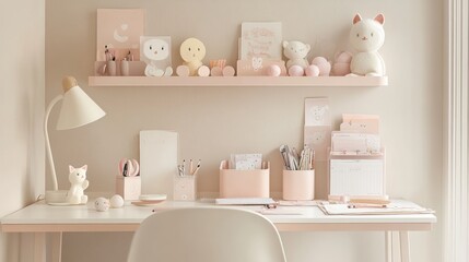 Pastel pink children's study area with shelves, desk, and toys.