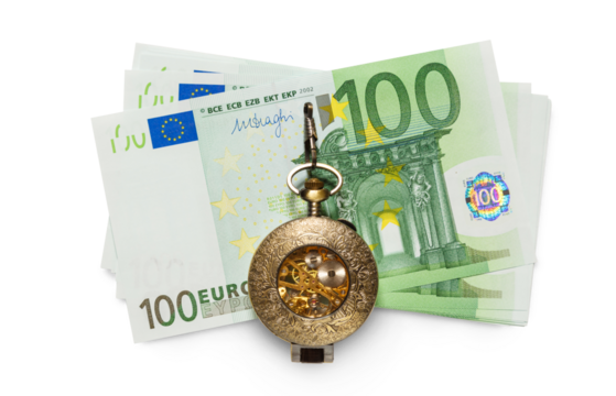 Euro banknotes and vintage pocket watch