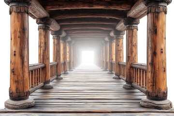 Tranquil wooden pier leading into a misty lake.