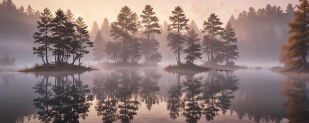 Fototapeta premium A serene lake at dawn with a few trees and mist, morning, forest