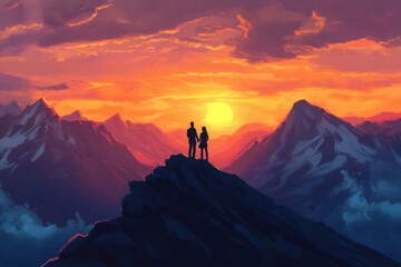 Romantic couple holding hands standing on a mountain peak, enjoying a breathtaking sunset over a majestic mountain range