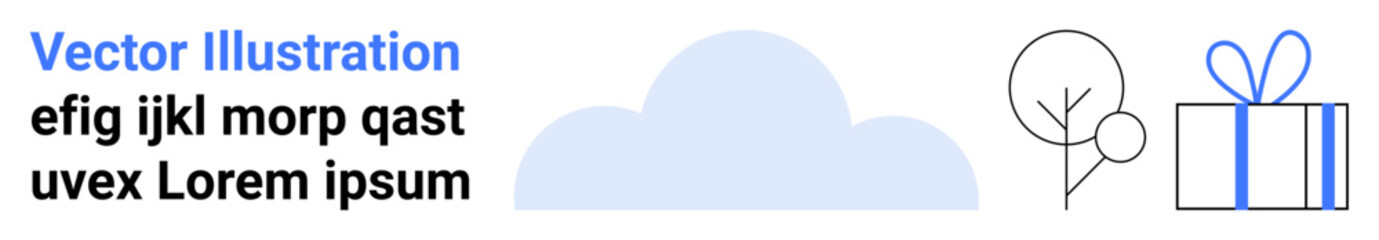 Cloud sits beside a minimalistic gift box with a bow and line-drawn tree. Ideal for celebrations, nature themes, environmental campaigns, digital cards, minimalist designs, eco-friendly products