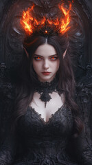 fierce demon queen with fiery crown and dark elegance
