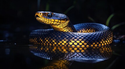 Fototapeta premium Black and Yellow Snake Coiled in Water