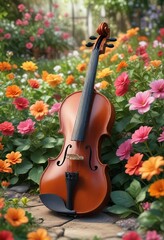 A delicate violin situated among the petals of blooming flowers and leaves in a beautiful garden, scenery, garden