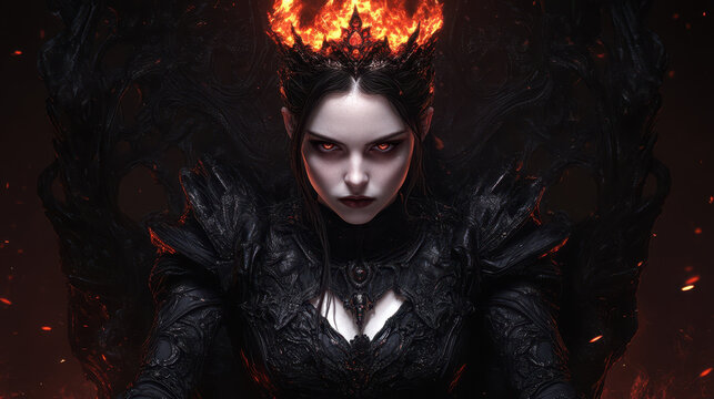 fierce demon queen with fiery crown and dark armor