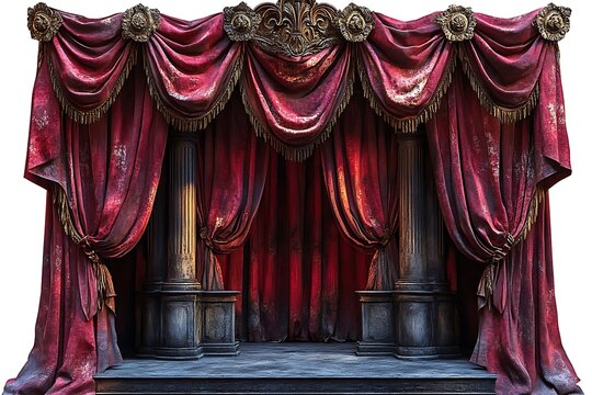 Luxurious red curtains with intricate details frame a bright window.