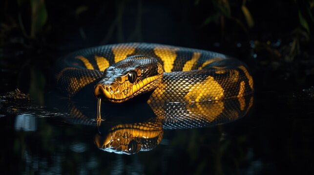 Yellow Python in a Swamp at Night