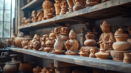 Terracotta Pottery and Figurines Displayed on Wooden Shelves