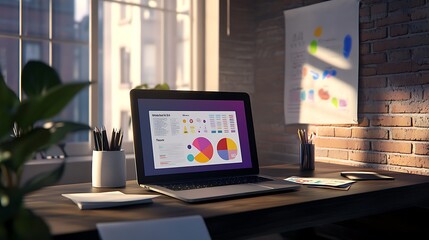 Fototapeta premium Modern Workspace with Laptop Displaying Colorful Infographics