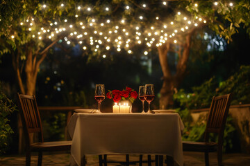 Romantic dinner table with red roses, candles, and wine glasses under string lights in a garden setting