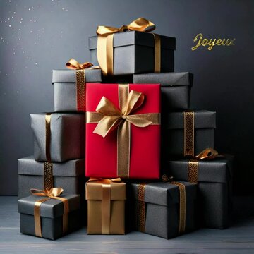 Carte de voeux anim&eacute;e pour un joyeux No&euml;l en fran&ccedil;ais, avec une montagne de paquets cadeaux gris et un seul paquet rouge avec un ruban en or : le bon cadeau