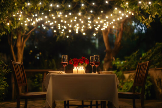 Romantic dinner table with red roses, candles, and wine glasses under string lights in a garden setting