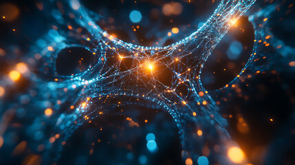 Neural Network: A mesmerizing abstract illustration depicting a complex network of interconnected nodes, radiating with a vibrant glow against a dark backdrop.