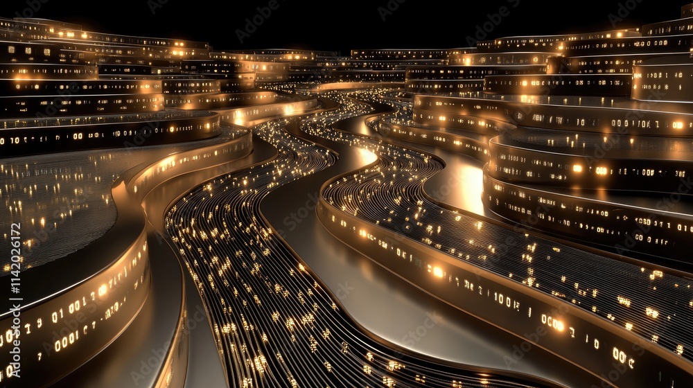 Fototapete A swirling data stream emits vibrant yellow and orange light while creating a mesmerizing effect with depth-of-field and bokeh blur