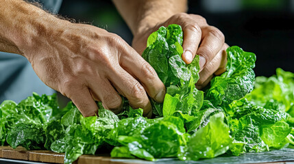 Chef preparing fresh green lettuce for healthy salad dish