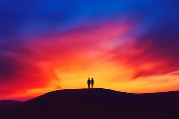 Silhouetted couple holding hands on a desert hill with a vibrant, colorful sunset in the background