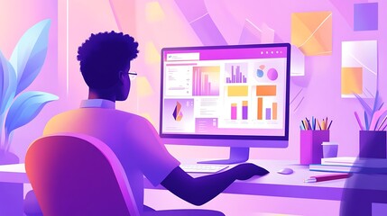 Modern Workspace with Person Analyzing Data on Computer Screen