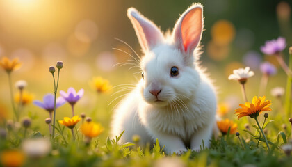 Obraz premium Cute Rabbit Among Colorful Flowers