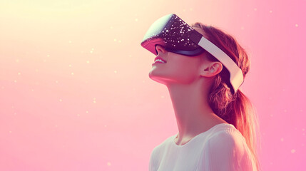 Young woman in virtual reality exploring futuristic digital art from an upward perspective