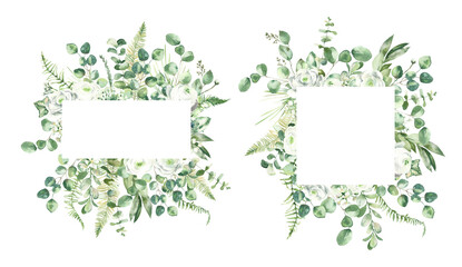 Watercolor Hand-painted Frames Set with Green Leaves and White Roses.