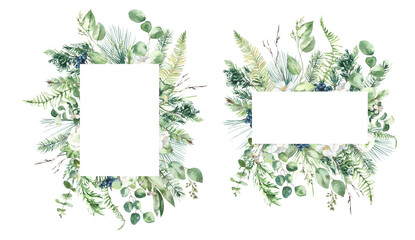 Watercolor Hand-painted Frames Set with Green Leaves and White Roses.