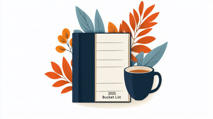2025 Bucket List concept. Elegant journal cover with 2025 bucket list and coffee cup
