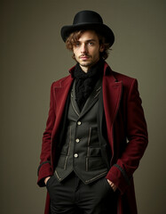 A stylish young man in a vintage-inspired outfit featuring a maroon coat, black scarf, and top hat, posing confidently against a neutral background.