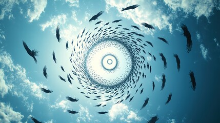 Birds spiraling in sky forming an eye-like pattern with clouds.
