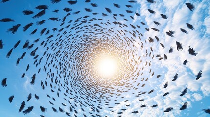 Flock of birds forming a spiral against a blue sky with sun.