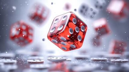 Red Transparent Dice Floating Above a Surface with Blurry Dice in the Background Creating a Dynamic and Engaging Game Atmosphere for Stock Photography Use