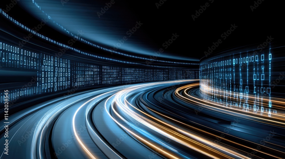 Fototapete A swirling data stream emits vibrant yellow and orange light while creating a mesmerizing effect with depth-of-field and bokeh blur