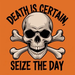 A skull and crossbones with death is certain seize the day