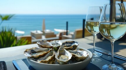 Fresh oysters on the half shell with white wine glasses overlooking the ocean. 