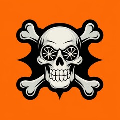 A stylized skull with crossbones and circular eye designs