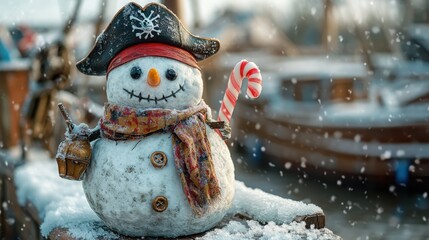 Unique pirate snowman enjoying a snowy winter day by the harbor with a festive candy cane in hand