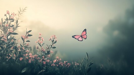 Pink butterfly floats near delicate pink flowers in misty garden